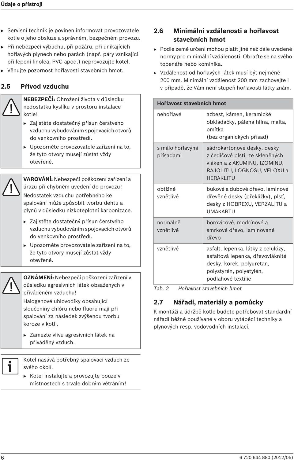 B Věnujte pozornost hořlavosti stavebních hmot. 2.5 Přívod vzduchu NEBEZPEČÍ: Ohrožení života v důsledku nedostatku kyslíku v prostoru instalace kotle!