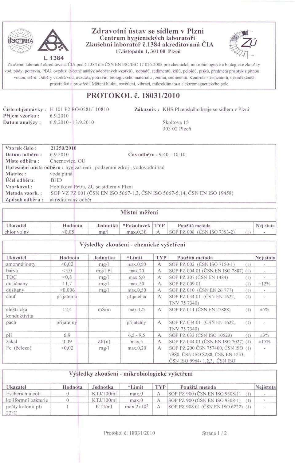 předmětů pro styk s pitnou vodou, stěrů. Odběry vzorků vod, ovzduší, potravin, biologického materiálu, zemin, sedimentů. Kontrola sterilizátorů, dezinfekčních prostředků a prostředí.