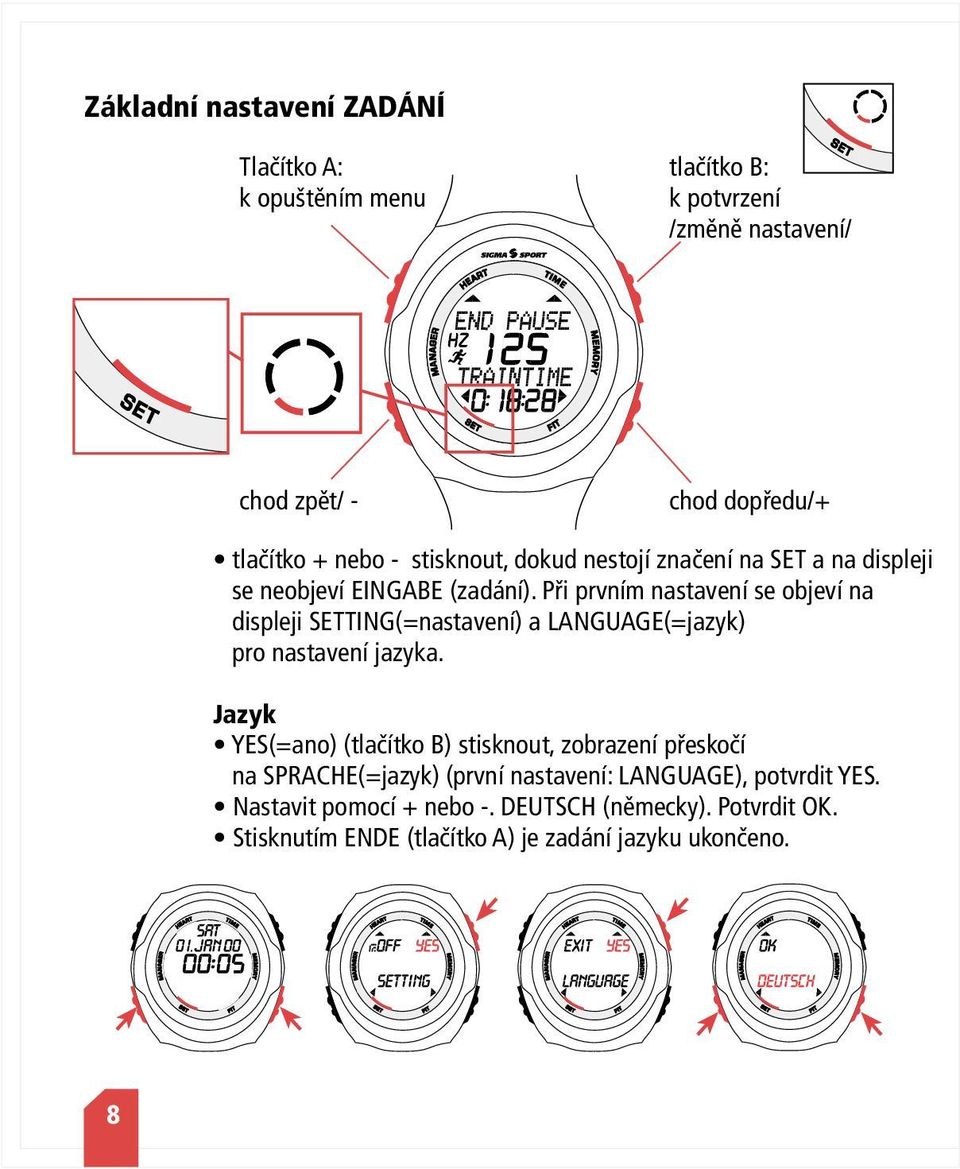 Při prvním nastavení se objeví na displeji SETTING(=nastavení) a LANGUAGE(=jazyk) pro nastavení jazyka.