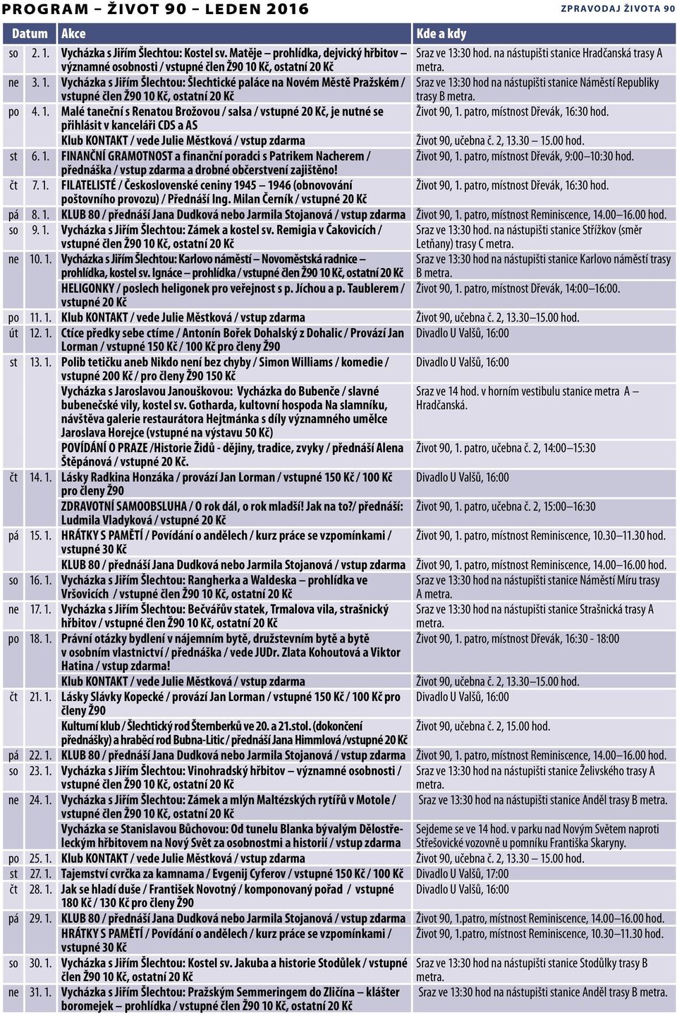 Kč, ostatní 20 Kč Sraz ve 13:30 hod. na nástupišti stanice Hradčanská trasy A metra. ne 3. 1. Vycházka s Jiřím Šlechtou: Šlechtické paláce na Novém Městě Pražském / vstupné člen Ž90 10 Kč, ostatní 20 Kč Náměstí Republiky trasy B metra.