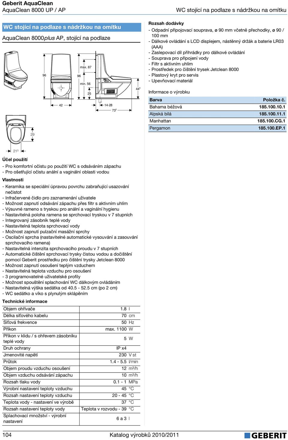 56 25 42 14-28 73 5 29 44 5 - Odpadní připojovací souprava, ø 90 mm včetně přechodky, ø 90 / 100 mm - Dálkové ovládání s LCD displejem, nástěnný držák a baterie LR03 (AAA) - Zaslepovací díl přihrádky