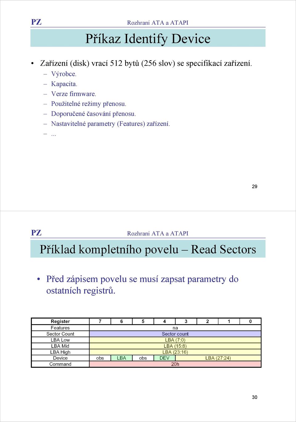 Doporučené časování přenosu. Nastavitelné parametry (Features) zařízení.