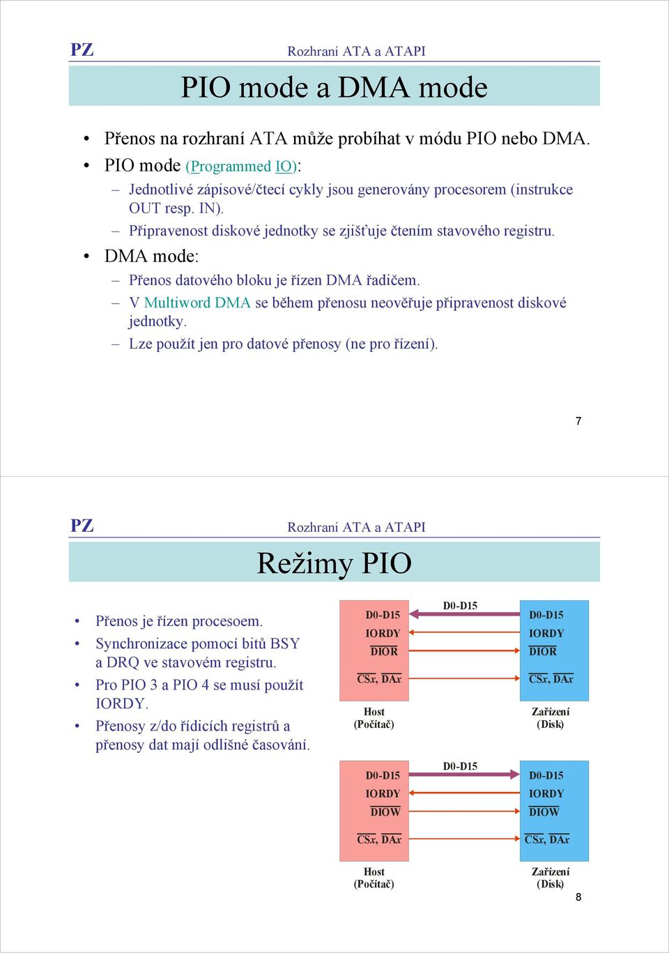 V Multiword DMA se během přenosu neověřuje připravenost diskové jednotky. Lze použít jen pro datové přenosy (ne pro řízení). 7 Režimy PIO Přenos je řízen procesoem.