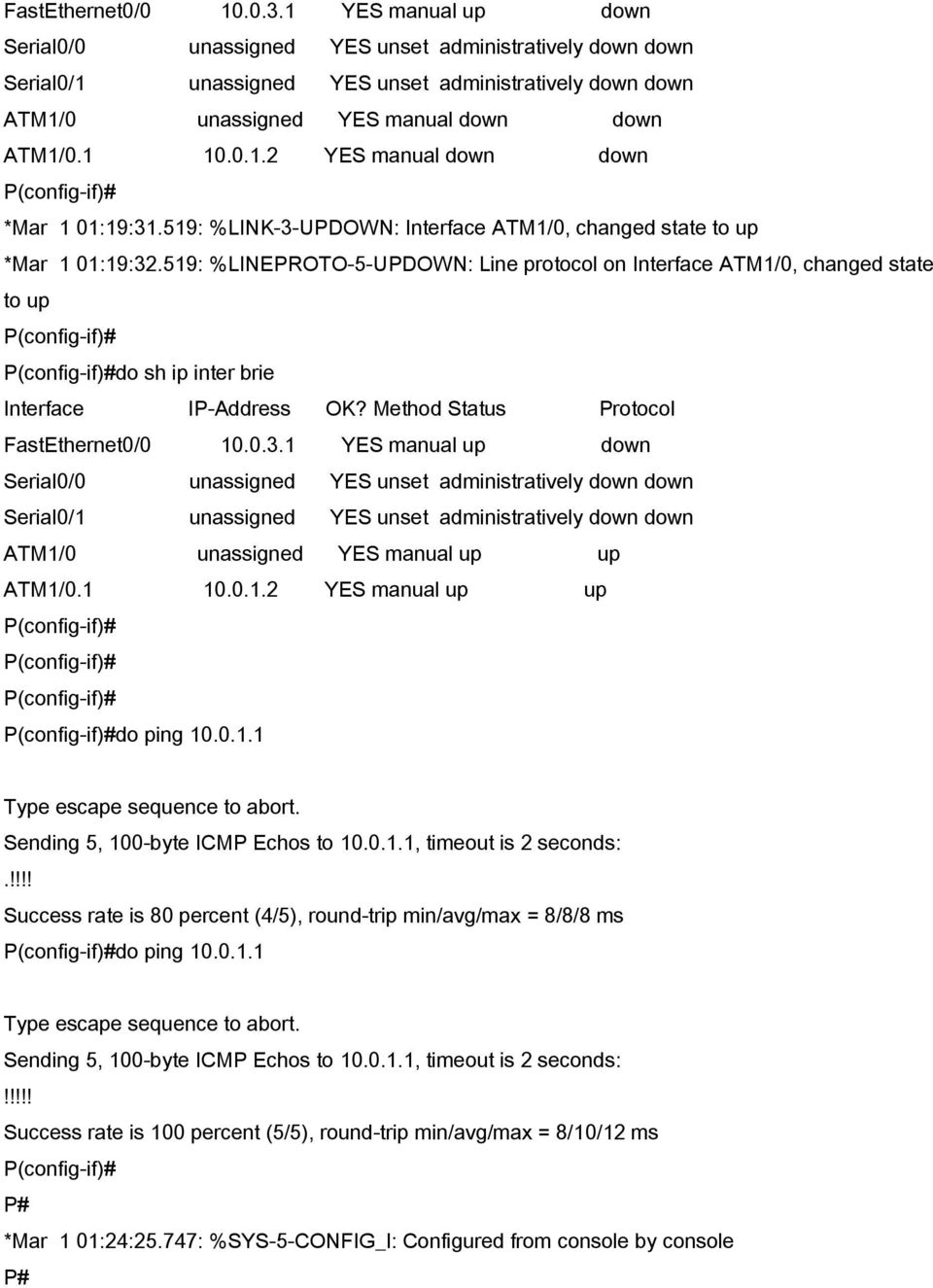 519: %LINK-3-UPDOWN: Interface ATM1/0, changed state to up *Mar 1 01:19:32.519: %LINEPROTO-5-UPDOWN: Line protocol on Interface ATM1/0, changed state to up do sh ip inter brie Interface IP-Address OK?