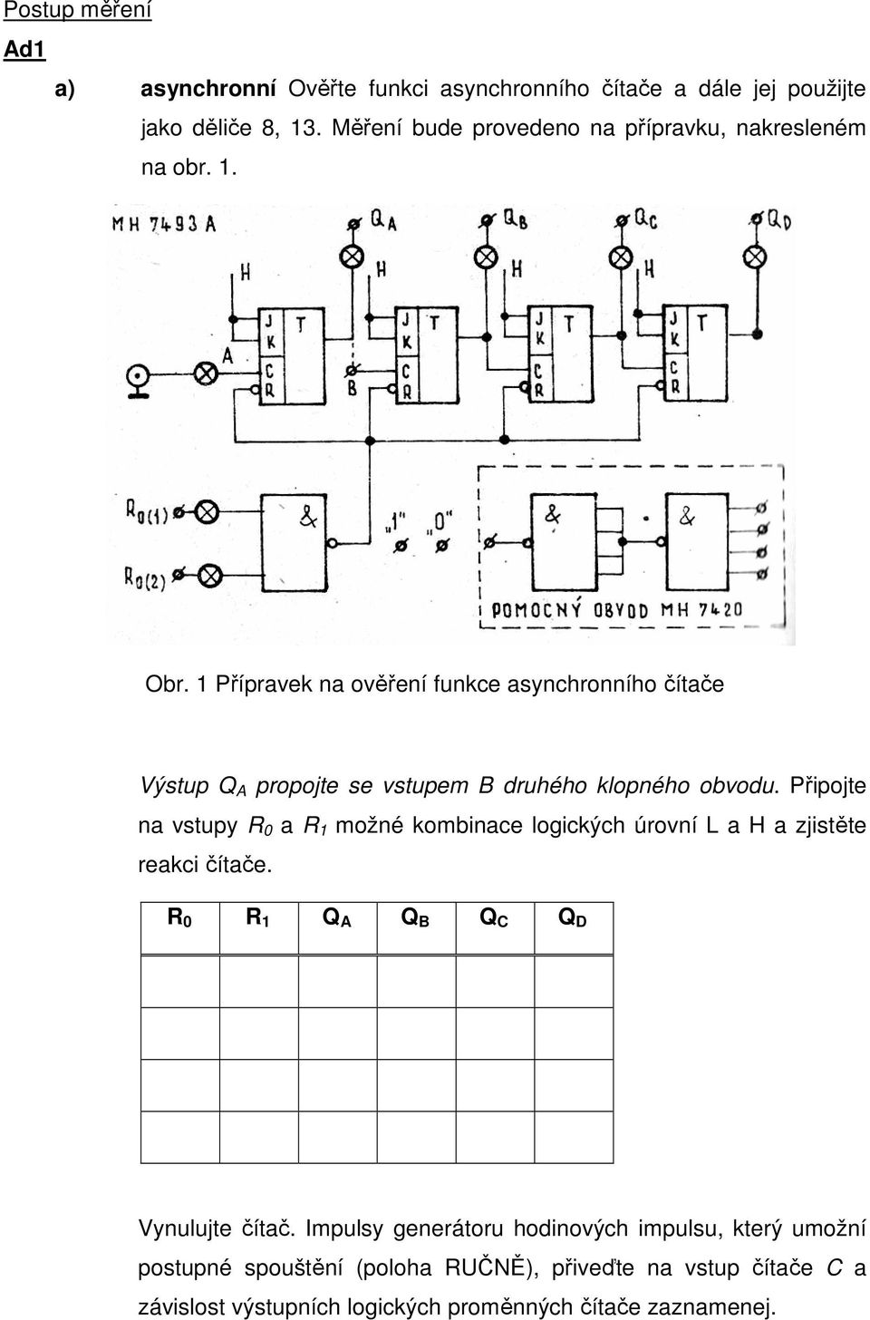 1 Přípravek na ověření funkce asynchronního čítače Výstup Q A propojte se vstupem B druhého klopného obvodu.