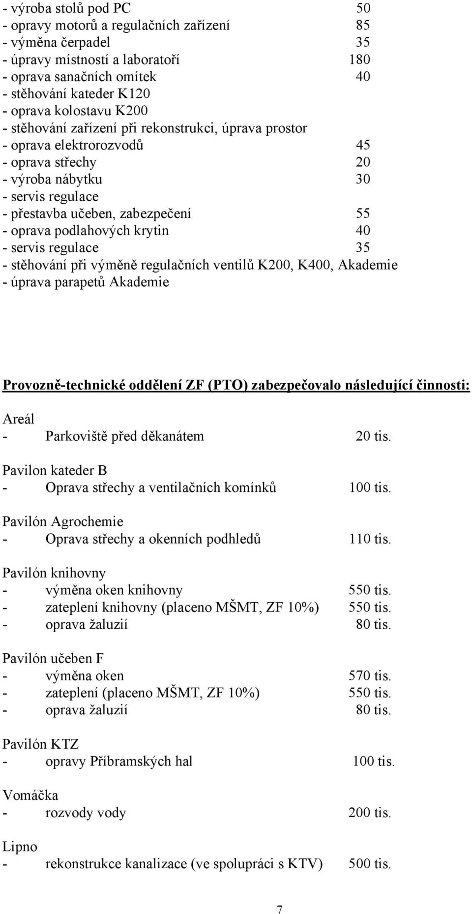 krytin 40 - servis regulace 35 - stěhování při výměně regulačních ventilů K200, K400, Akademie - úprava parapetů Akademie Provozně-technické oddělení ZF (PTO) zabezpečovalo následující činnosti: