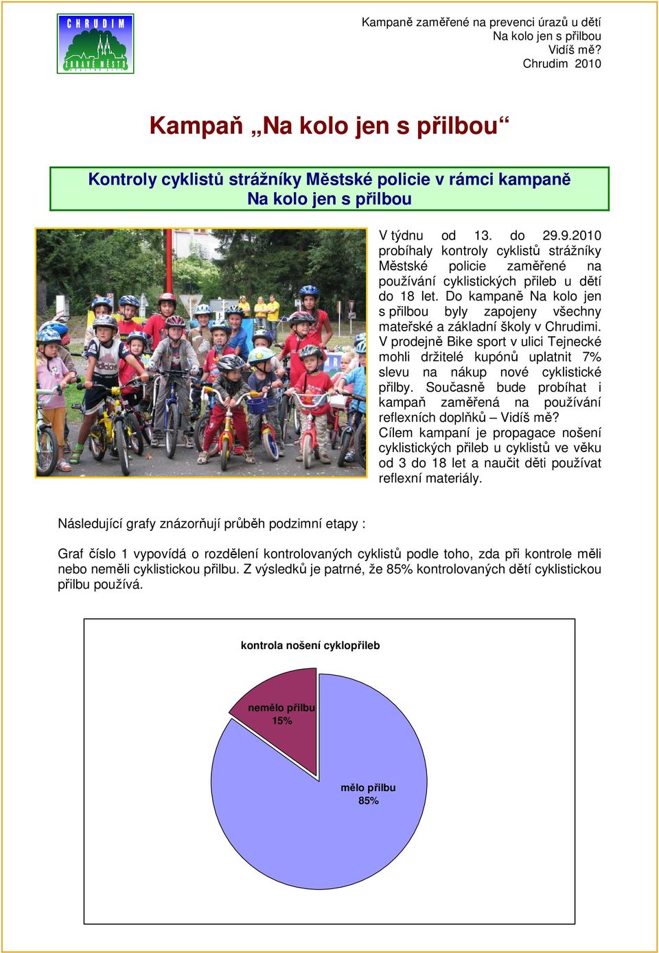 9.2010 probíhaly kontroly cyklistů strážníky Městské policie zaměřené na používání cyklistických přileb u dětí do 18 let.