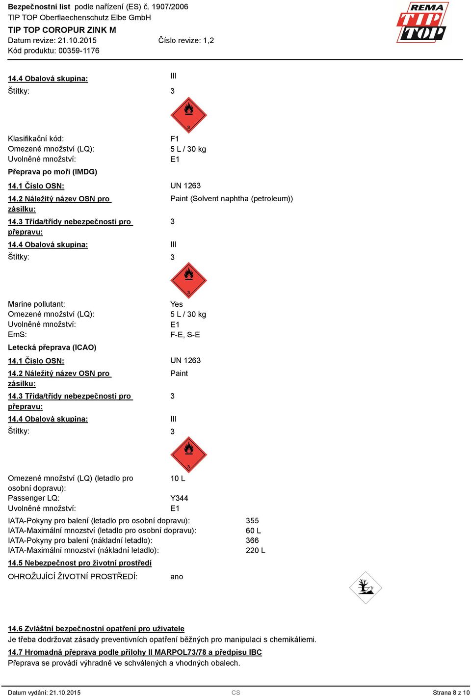 4 Obalová skupina: Štítky: Paint (Solvent naphtha (petroleum)) III Marine pollutant: Omezené množství (LQ): Uvolněné množství: EmS: Letecká přeprava (ICAO) Yes 5 L / 0 kg E1 F-E, S-E 14.