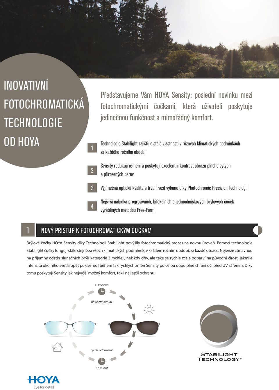 Technologie Stabilight zajišťuje stálé vlastnosti v různých klimatických podmínkách za každého ročního období Sensity redukují oslnění a poskytují excelentní kontrast obrazu plného sytých a