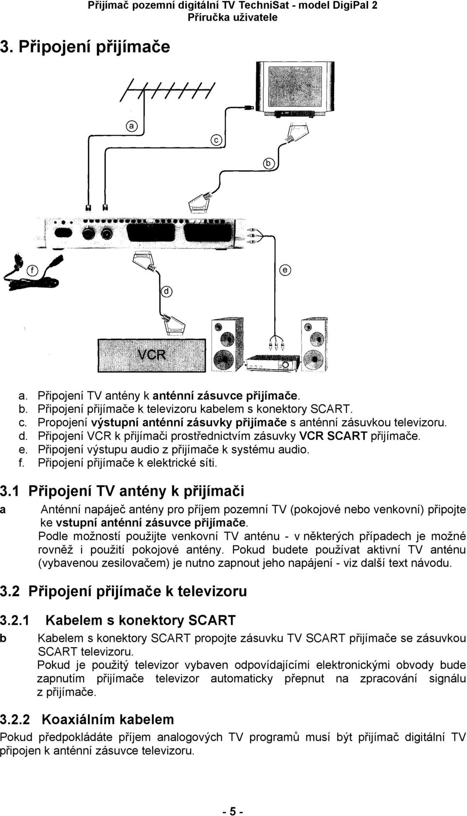 Připojení výstupu audio z přijímače k systému audio. f. Připojení přijímače k elektrické síti. 3.