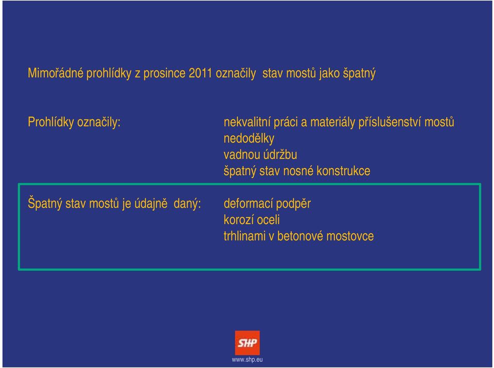 a materiály příslušenství mostů nedodělky vadnou údržbu špatný stav