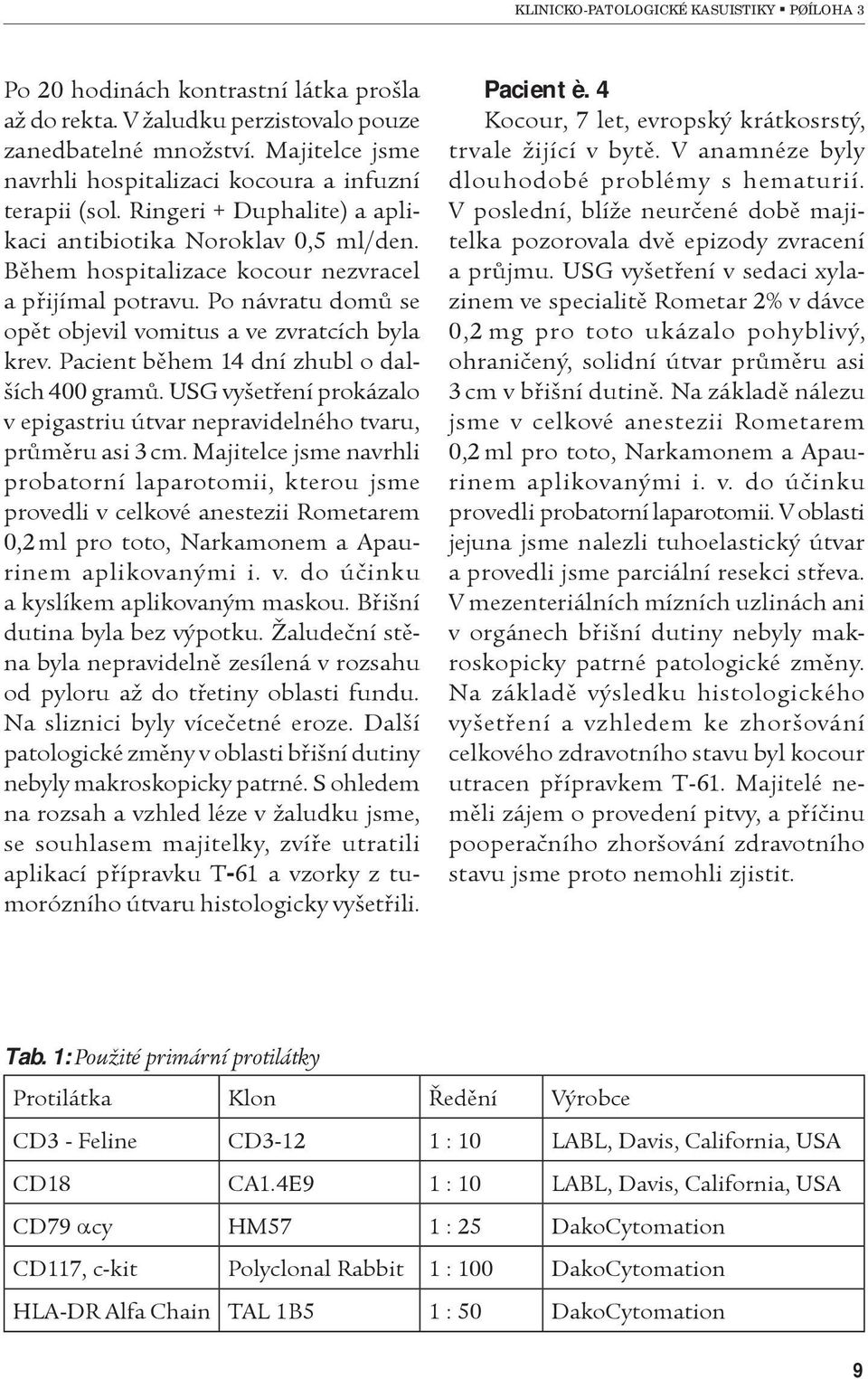 Pacient bìhem 14 dní zhubl o dalších 400 gramù. USG vyšetøení prokázalo v epigastriu útvar nepravidelného tvaru, prùmìru asi 3 cm.