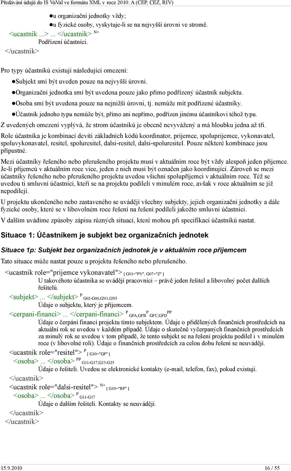 Osoba smí být uvedena pouze na nejnižší úrovni, tj. nemůže mít podřízené účastníky. Účastník jednoho typu nemůže být, přímo ani nepřímo, podřízen jinému účastníkovi téhož typu.