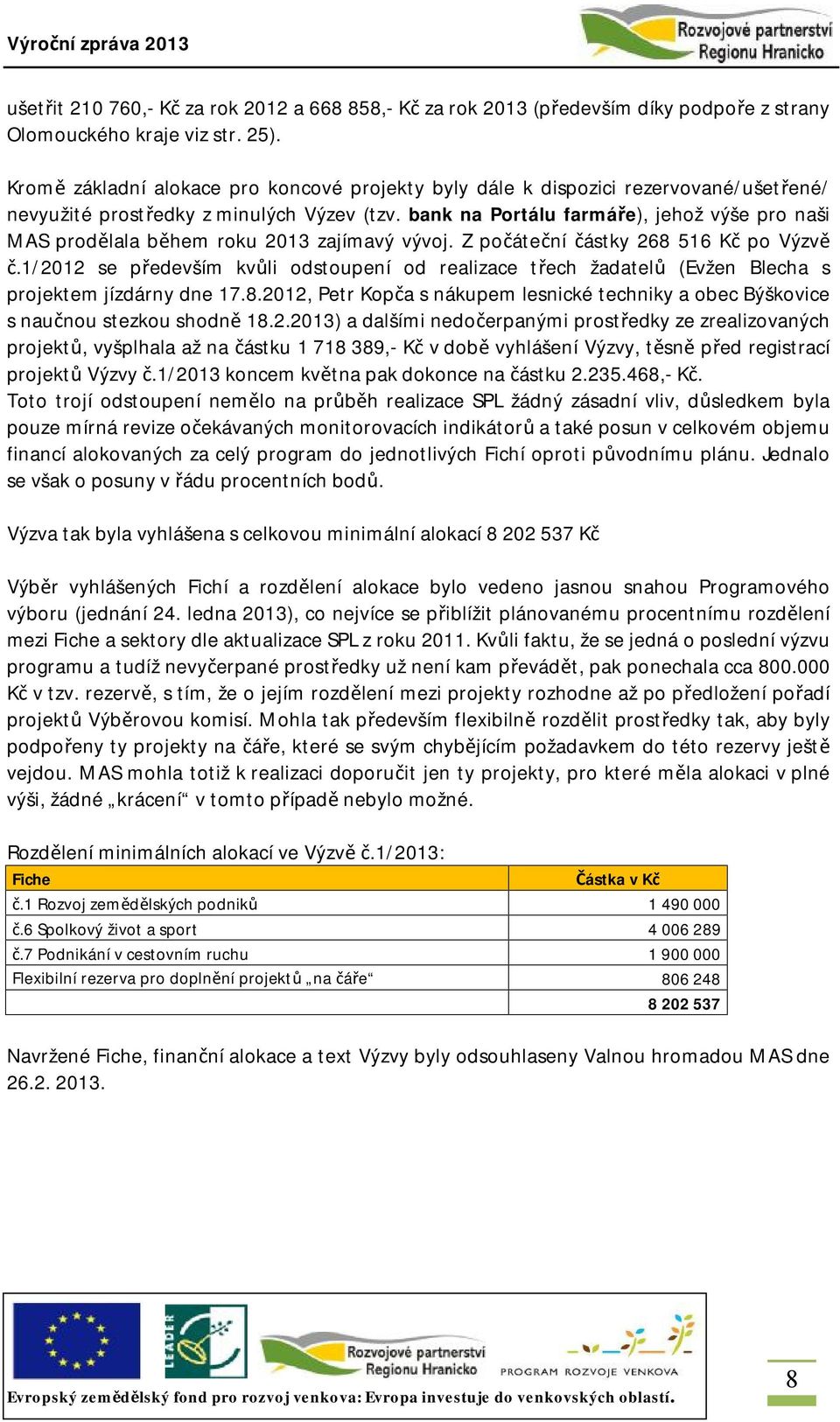 bank na Portálu farmáře), jehož výše pro naši MAS prodělala během roku 2013 zajímavý vývoj. Z počáteční částky 268 516 Kč po Výzvě č.