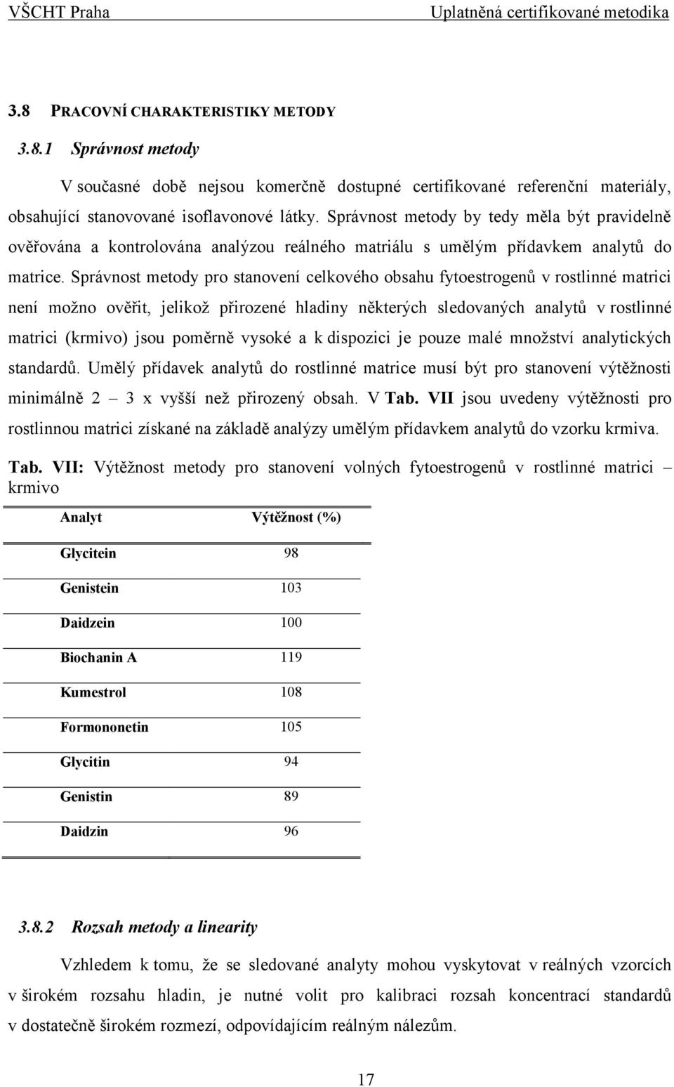 Správnost metody pro stanovení celkového obsahu fytoestrogenů v rostlinné matrici není možno ověřit, jelikož přirozené hladiny některých sledovaných analytů v rostlinné matrici (krmivo) jsou poměrně