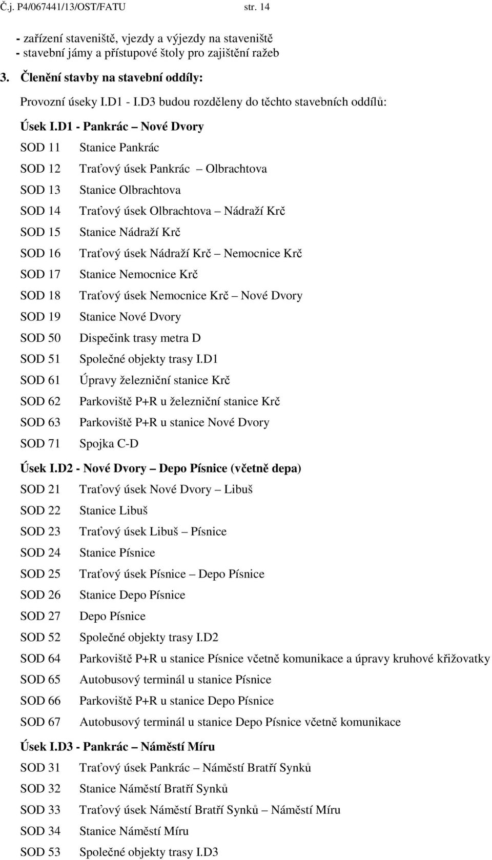 D1 - Pankrác Nové Dvory SOD 11 SOD 12 SOD 13 SOD 14 SOD 15 SOD 16 SOD 17 SOD 18 SOD 19 SOD 50 SOD 51 SOD 61 SOD 62 SOD 63 SOD 71 Stanice Pankrác Traťový úsek Pankrác Olbrachtova Stanice Olbrachtova