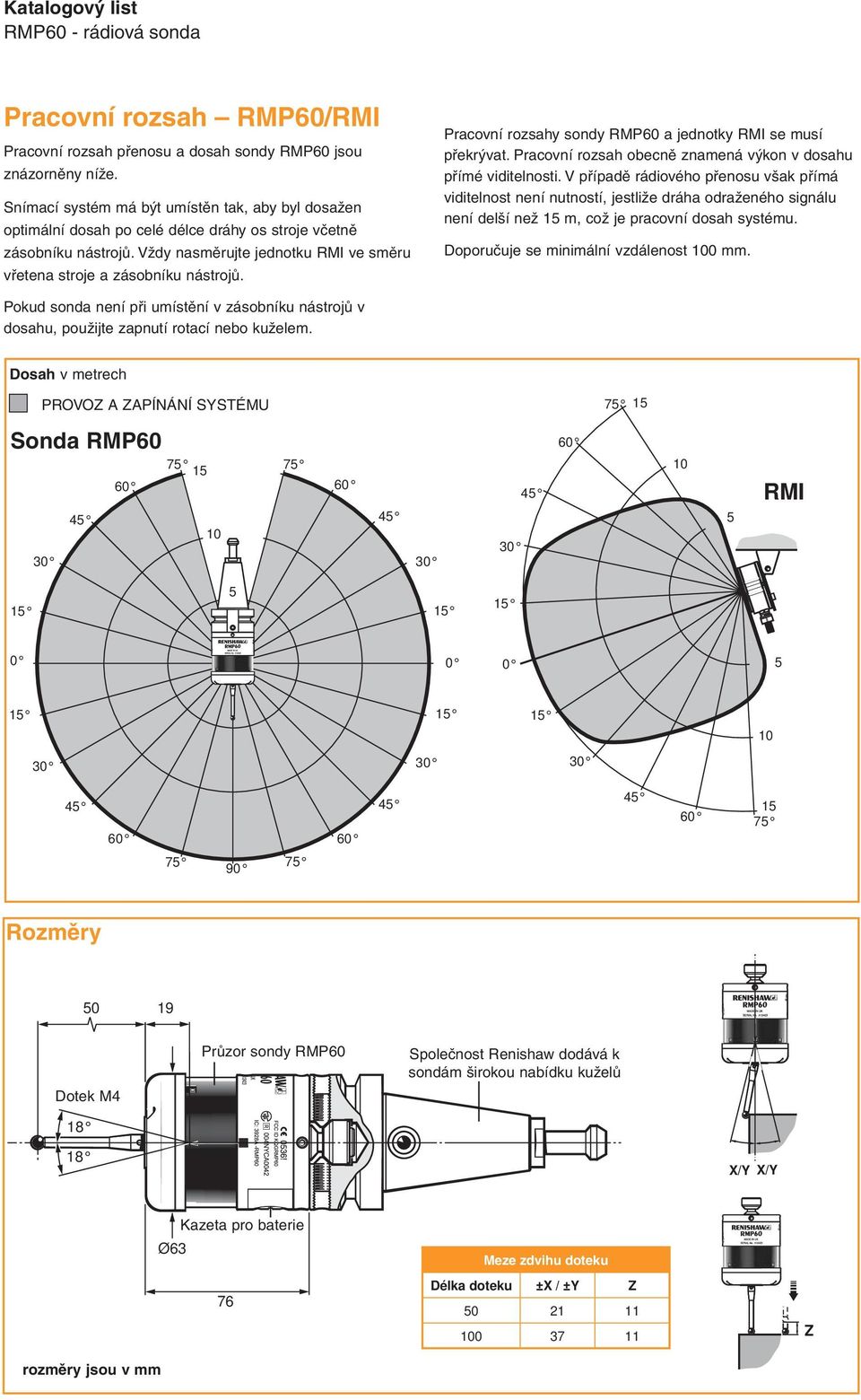 Pracovní rozsahy sondy RMP60 a jednotky RMI se musí překrývat. Pracovní rozsah obecně znamená výkon v dosahu přímé viditelnosti.