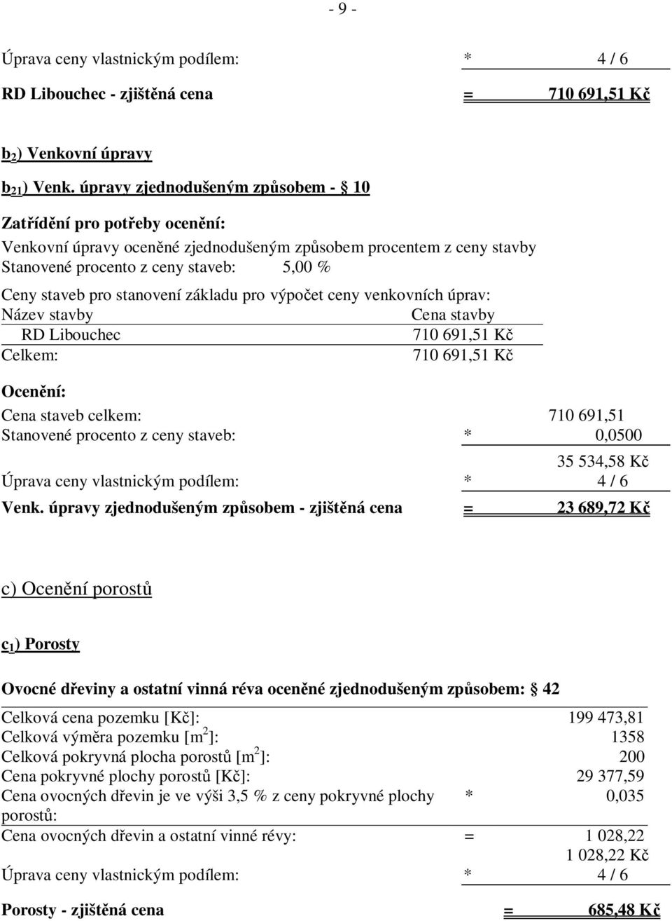 stanovení základu pro výpo et ceny venkovních úprav: Název stavby Cena stavby RD Libouchec 710 691,51 K Celkem: 710 691,51 K Ocen ní: Cena staveb celkem: 710 691,51 Stanovené procento z ceny staveb: