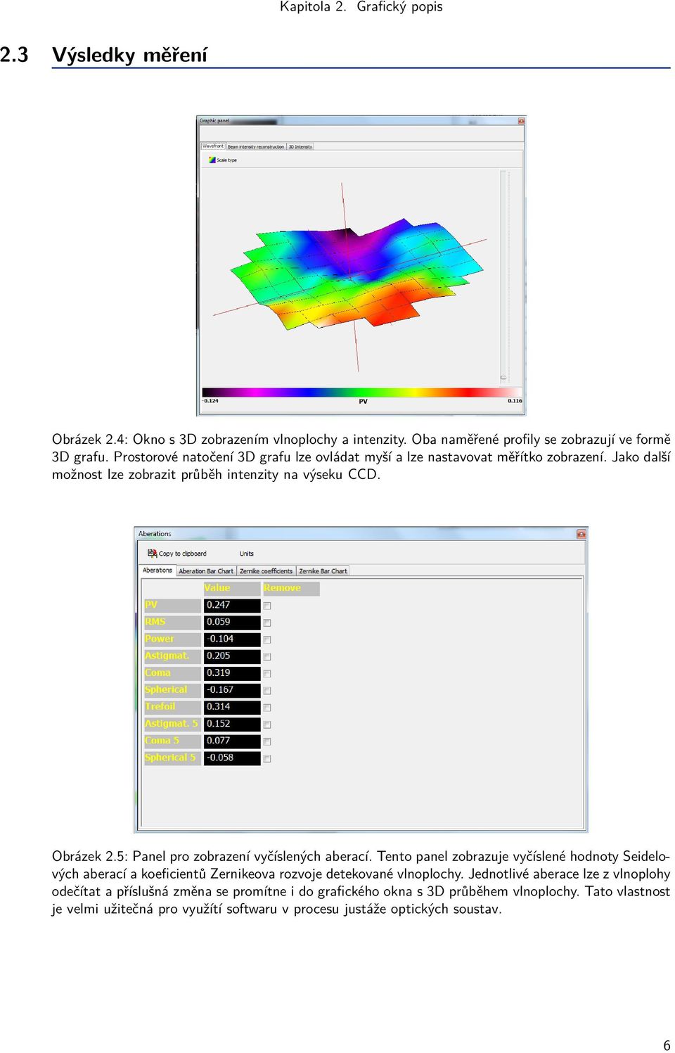 5: Panel pro zobrazení vyčíslených aberací. Tento panel zobrazuje vyčíslené hodnoty Seidelových aberací a koeficientů Zernikeova rozvoje detekované vlnoplochy.