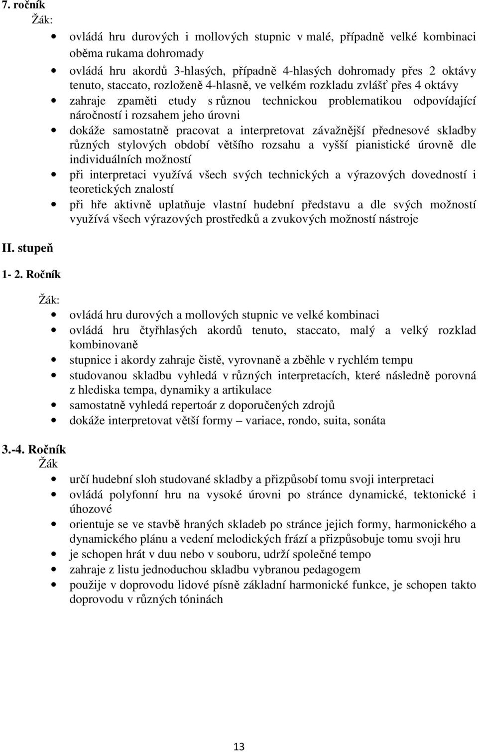 interpretovat závažnější přednesové skladby různých stylových období většího rozsahu a vyšší pianistické úrovně dle individuálních možností při interpretaci využívá všech svých technických a