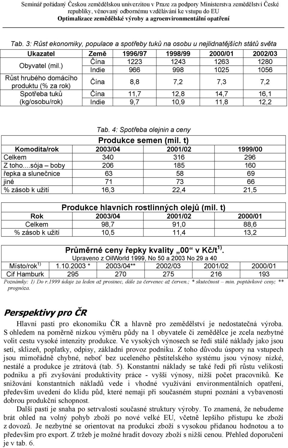 4: Spotřeba olejnin a ceny Produkce semen (mil. t) Komodita/rok 2003/04 2001/02 1999/00 Celkem 340 316 296 Z toho.