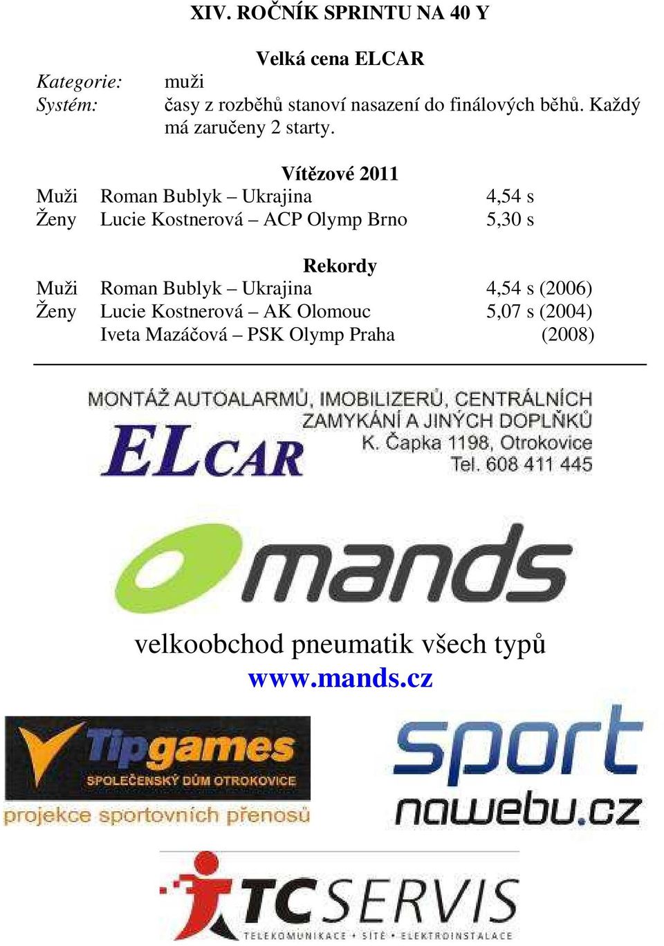 Vítězové 2011 Muži Roman Bublyk Ukrajina 4,54 s Ženy Lucie Kostnerová ACP Olymp Brno 5,30 s Rekordy Muži