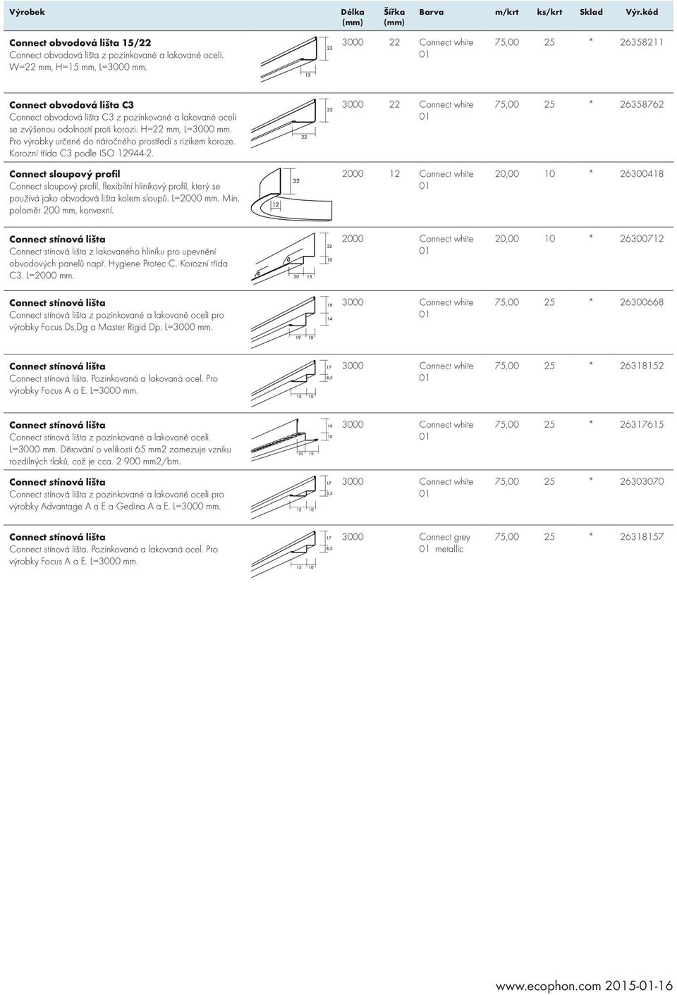 L=2000 Min. poloměr 200 mm, konvexní. 2000 12 Connect white 75,00 25 * 26358762 20,00 10 * 26300418 z lakovaného hliníku pro upevnění obvodových panelů např. Hygiene Protec C. Korozní třída C3.