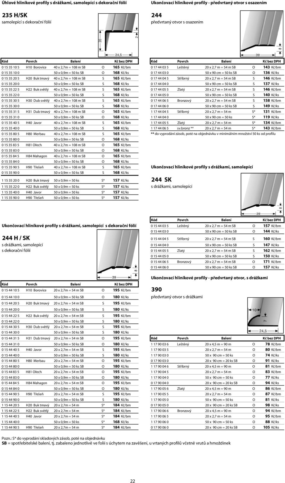 Kč/ks 0 15 35 20 5 H20 Buk tmavý 40 x 2,7m = 108 m SB S 165 Kč/bm 0 17 44 04 5 Stříbrný 20 x 2,7 m = 54 m SB S 146 Kč/bm 0 15 35 20 0 50 x 0,9m = 50 ks SB S 168 Kč/ks 0 17 44 04 0 50 x 90 cm = 50 ks