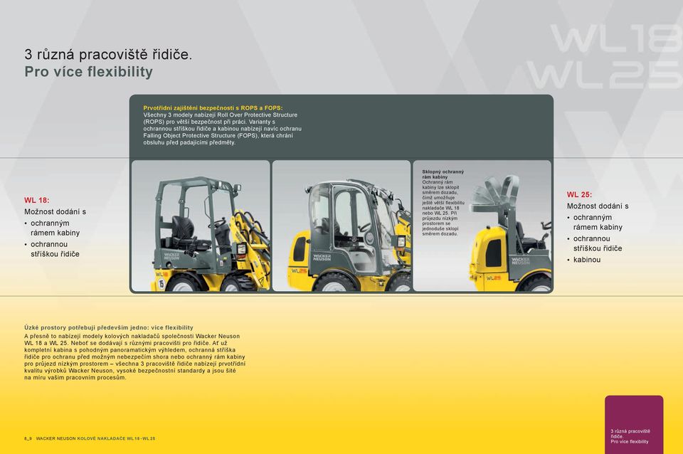 WL 18: Možnost dodání s ochranným rámem kabiny ochrannou stříškou řidiče Sklopný ochranný rám kabiny Ochranný rám kabiny lze sklopit směrem dozadu, čímž umožňuje ještě větší flexibilitu nakladače WL