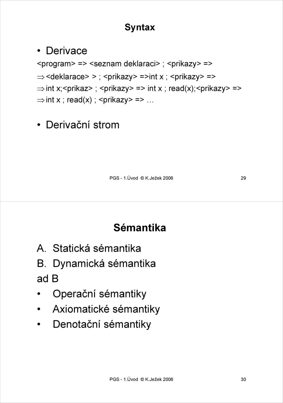 <prikazy> => Derivační strom PGS - 1.Úvod K.Ježek 2006 29 Sémantika A. Statická sémantika B.