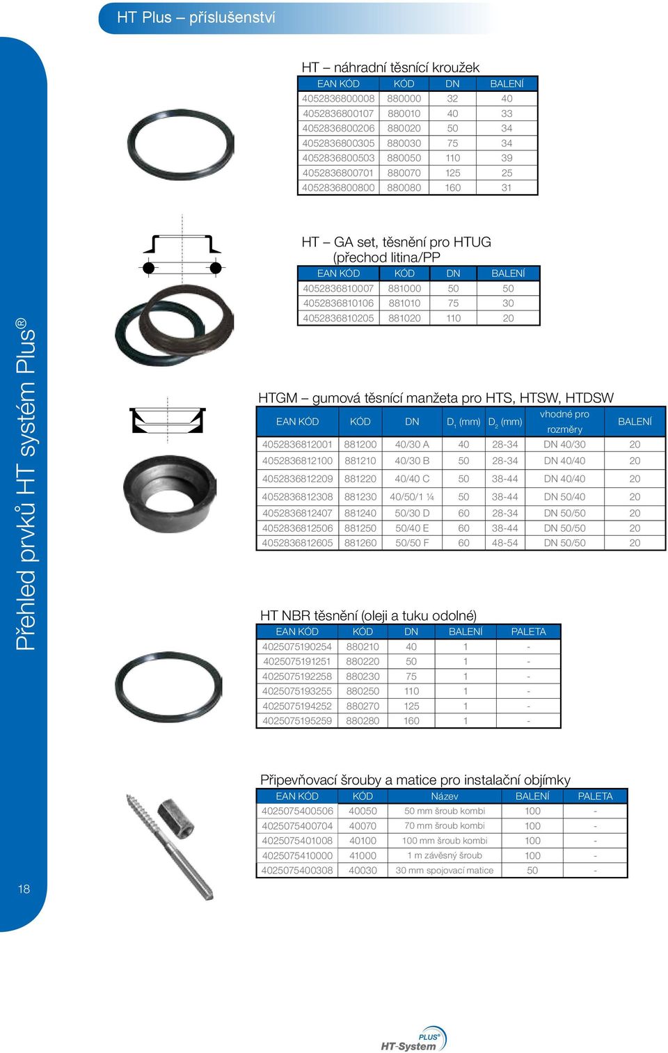 4052836810106 881010 75 30 4052836810205 881020 110 20 HTGM gumová těsnící manžeta pro HTS, HTSW, HTDSW EAN KÓD KÓD DN D 1 (mm) D 2 (mm) vhodné pro rozměry BAENÍ 4052836812001 881200 40/30 A 40 28-34