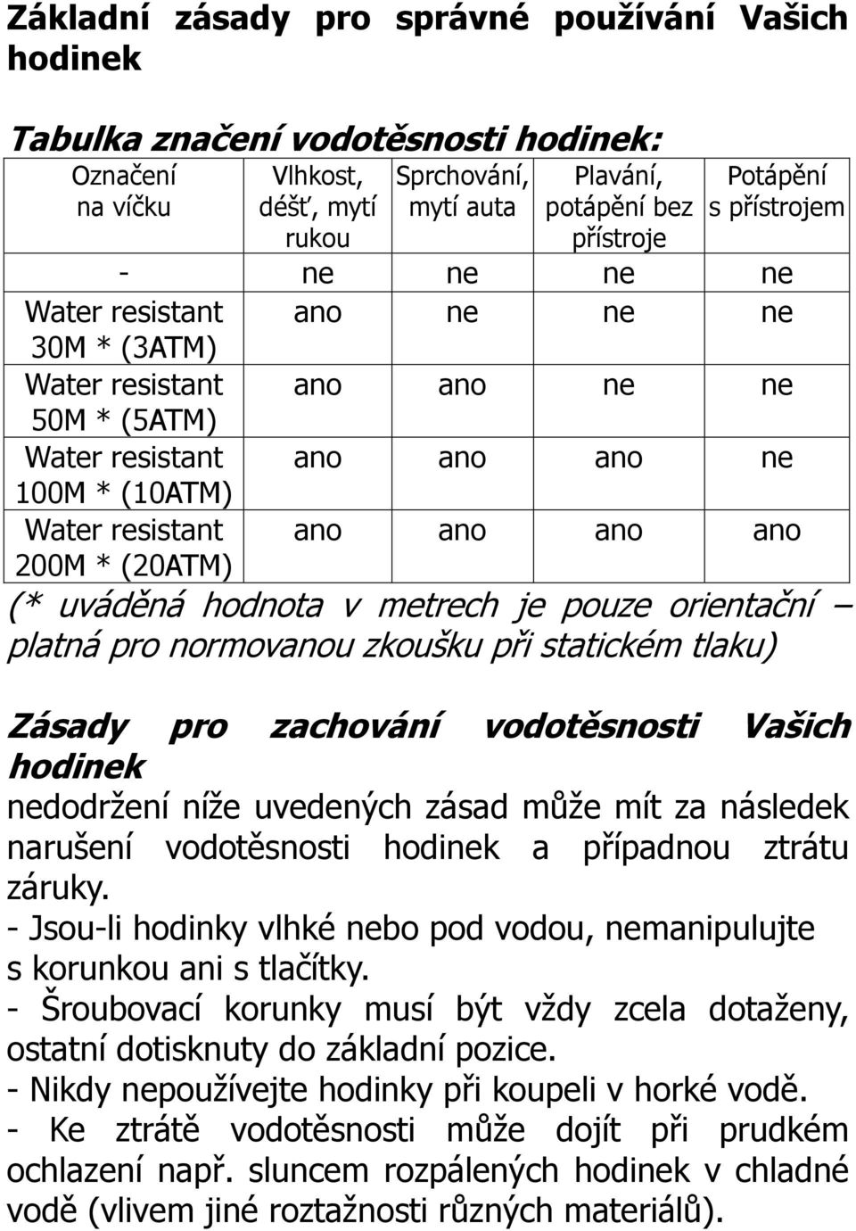 ano (* uváděná hodnota v metrech je pouze orientační platná pro normovanou zkoušku při statickém tlaku) Zásady pro zachování vodotěsnosti Vašich hodinek nedodrţení níţe uvedených zásad můţe mít za