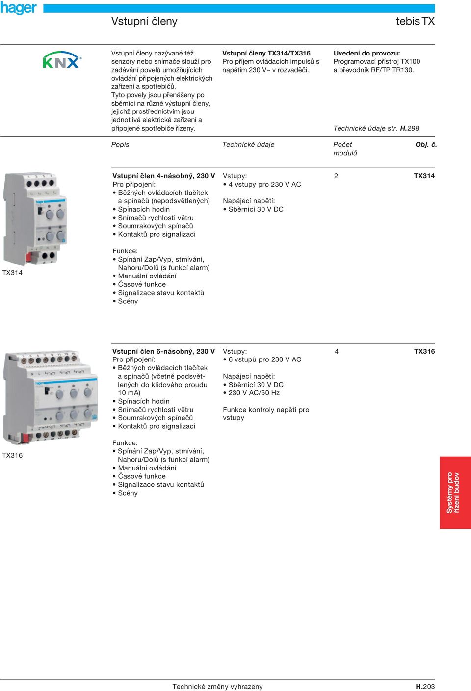 Vstupní členy TX31/TX316 Pro příjem ovládacích impulsů s napětím 230 V~ v rozvaděči. Uvedení do provozu: Programovací přístroj TX100 a převodník RF/TP TR130. Technické údaje str. H.