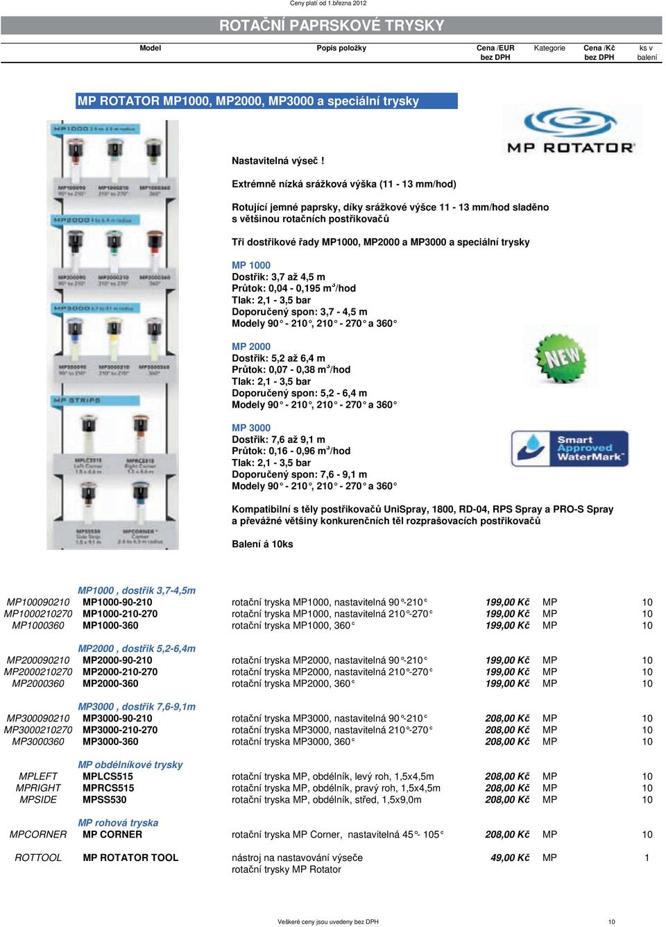 trysky MP 1000 Dost ik: 3,7 až 4,5 m Pr tok: 0,04-0,195 m 3 /hod Tlak: 2,1-3,5 bar Doporu ený spon: 3,7-4,5 m Modely 90-210, 210-270 a 360 MP 2000 Dost ik: 5,2 až 6,4 m Pr tok: 0,07-0,38 m 3 /hod