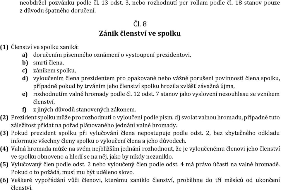 nebo vážné porušení povinností člena spolku, případně pokud by trváním jeho členství spolku hrozila zvlášť závažná újma, e) rozhodnutím valné hromady podle čl. 12 odst.