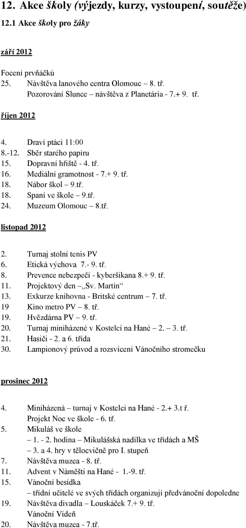 Turnaj stolní tenis PV 6. Etická výchova 7.- 9. tř. 8. Prevence nebezpečí - kyberšikana 8.+ 9. tř.. Projektový den Sv. Martin 3. Exkurze knihovna - Britské centrum 7. tř. 9 Kino metro PV 8. tř. 9. Hvězdárna PV 9.