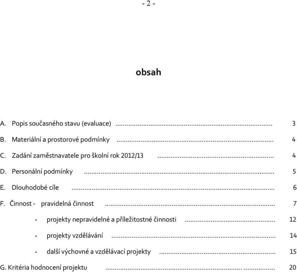 .. 6 F. Činnost - pravidelná činnost... 7 - projekty nepravidelné a příležitostné činnosti.