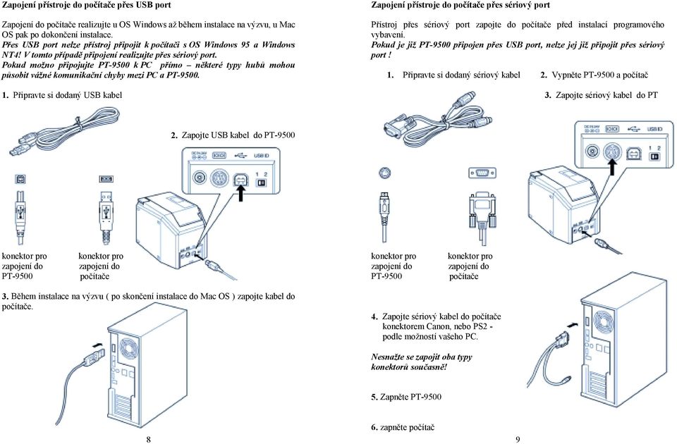 Pokud možno připojujte PT-9500 k PC přímo některé typy hubů mohou působit vážné komunikační chyby mezi PC a PT-9500. 1.