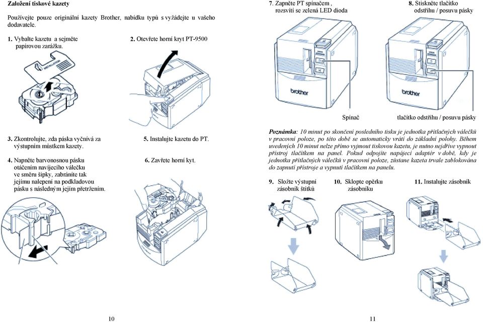 Zkontrolujte, zda páska vyčnívá za 5. Instalujte kazetu do PT. výstupním můstkem kazety. 4. Napněte barvonosnou pásku 6. Zavřete horní kyt.