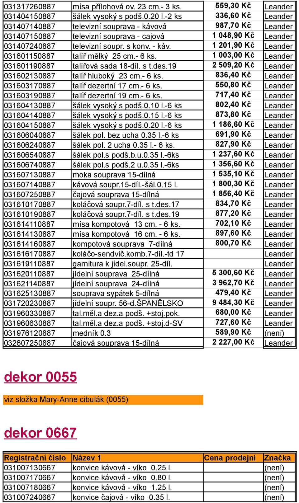 - 6 ks. 1 003,00 Kč Leander 031601190887 talířová sada 18-díl. s t.des.19 2 509,20 Kč Leander 031602130887 talíř hluboký 23 cm.- 6 ks. 836,40 Kč Leander 031603170887 talíř dezertní 17 cm.- 6 ks. 550,80 Kč Leander 031603190887 talíř dezertní 19 cm.