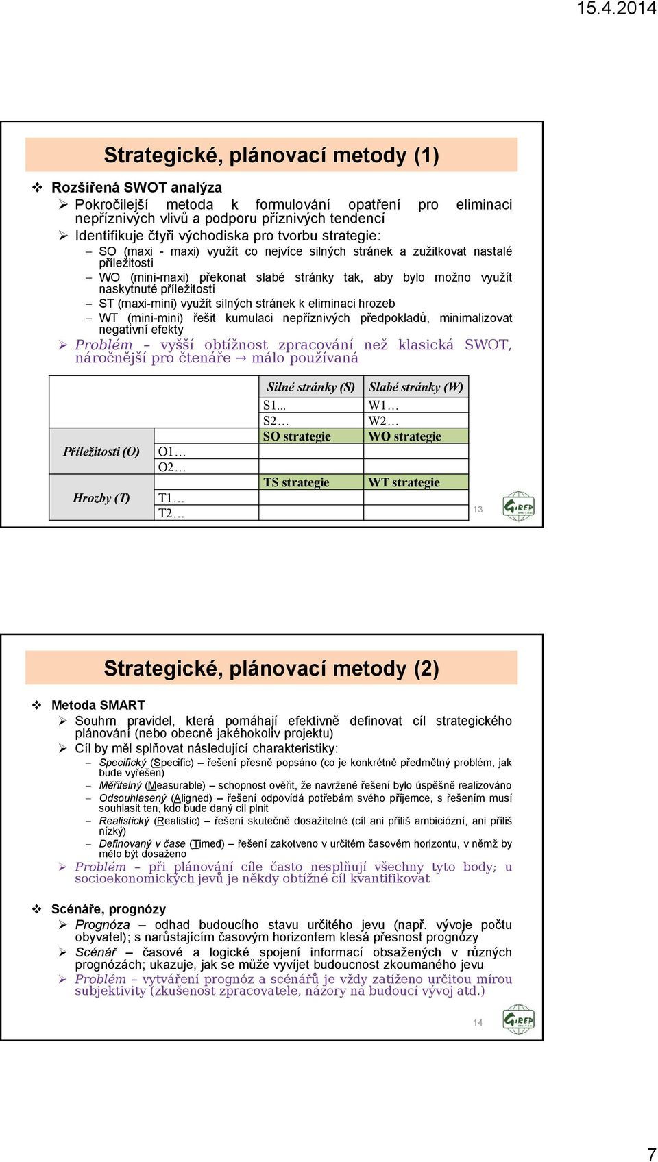 (maxi-mini) využít silných stránek k eliminaci hrozeb WT (mini-mini) řešit kumulaci nepříznivých předpokladů, minimalizovat negativní efekty Problém vyšší obtížnost zpracování než klasická SWOT,