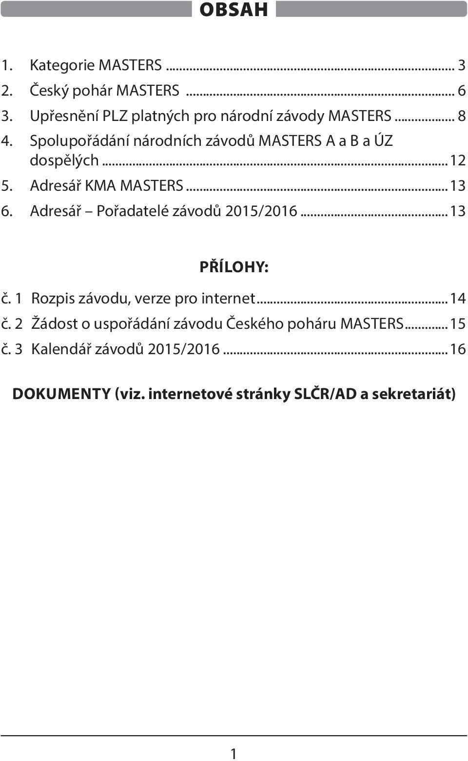 Adresář Pořadatelé závodů 2015/2016...13 PŘÍLOHY: č. 1 Rozpis závodu, verze pro internet...14 č.