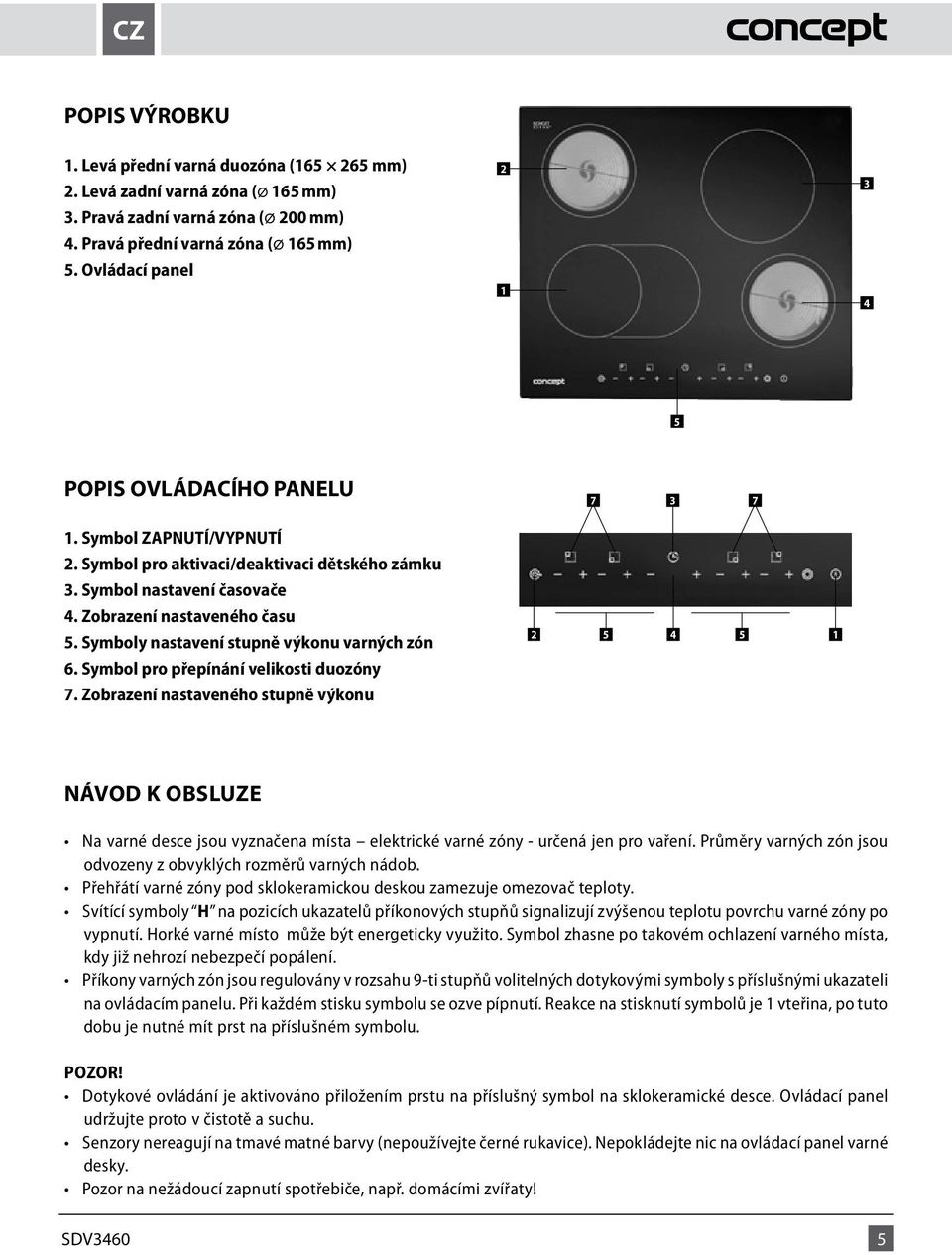 Symboly nastavení stupně výkonu varných zón 6. Symbol pro přepínání velikosti duozóny 7.