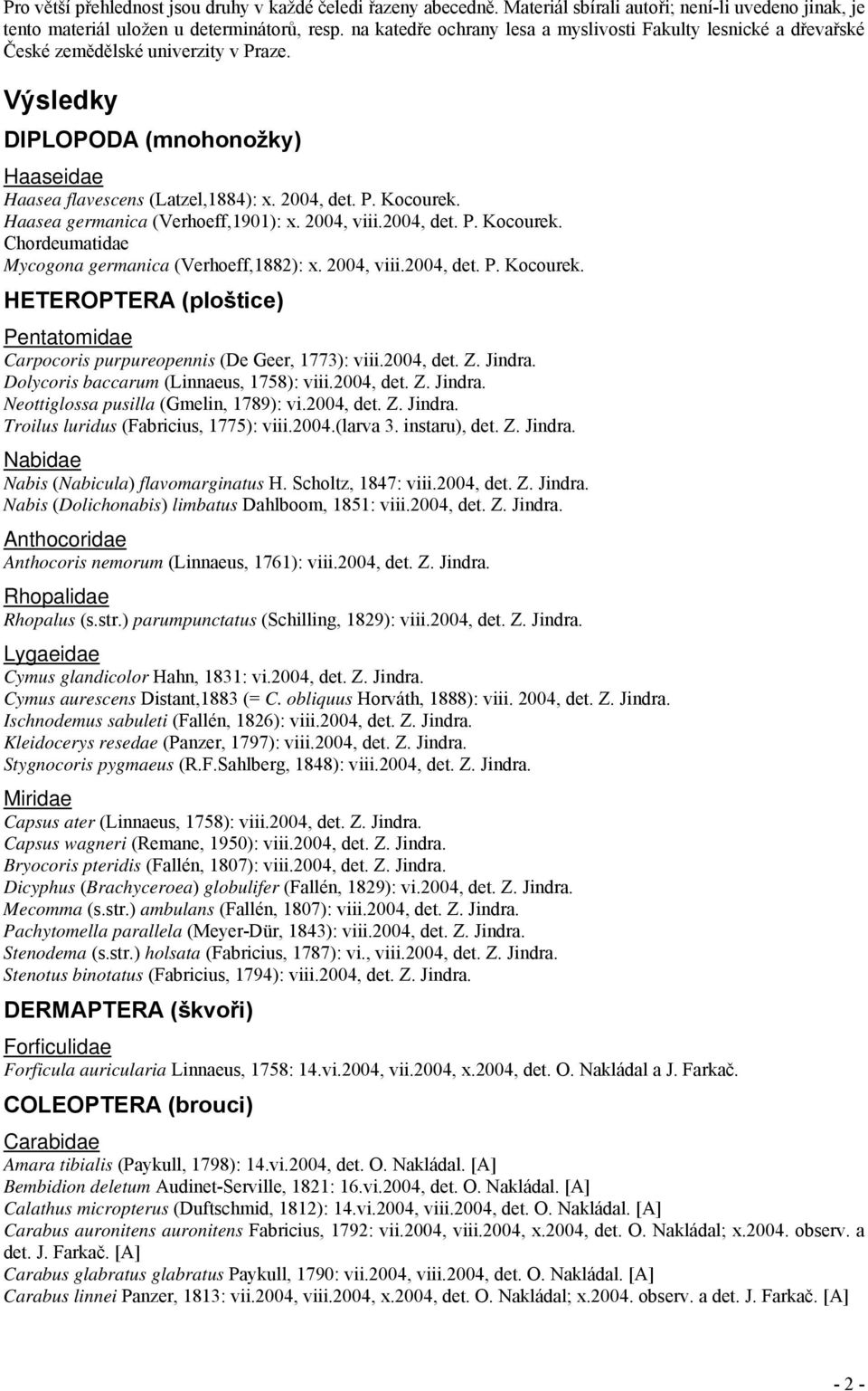 Haasea germanica (Verhoeff,1901): x. 2004, viii.2004, det. P. Kocourek. Chordeumatidae Mycogona germanica (Verhoeff,1882): x. 2004, viii.2004, det. P. Kocourek. HETEROPTERA (ploštice) Pentatomidae Carpocoris purpureopennis (De Geer, 1773): viii.