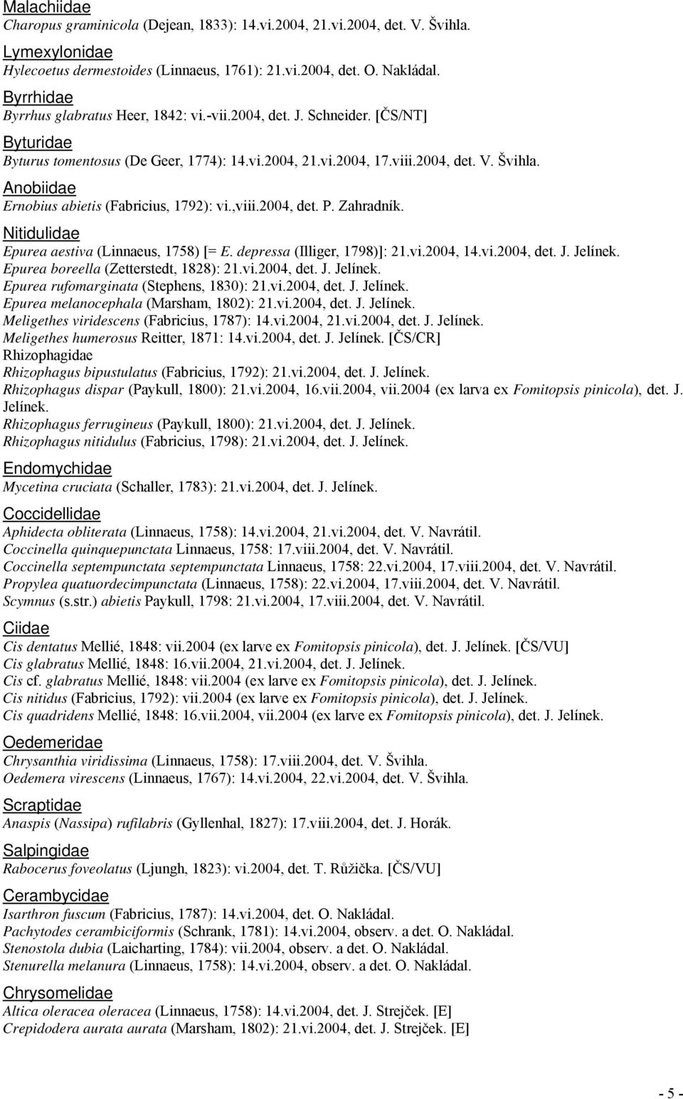 Anobiidae Ernobius abietis (Fabricius, 1792): vi.,viii.2004, det. P. Zahradník. Nitidulidae Epurea aestiva (Linnaeus, 1758) [= E. depressa (Illiger, 1798)]: 21.vi.2004, 14.vi.2004, det. J. Jelínek.