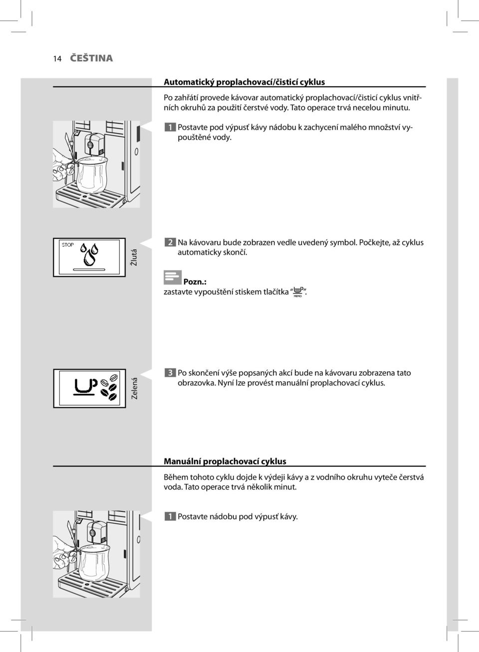 Počkejte, až cyklus automaticky skončí. Pozn.: zastavte vypouštění stiskem tlačítka. Zelená 3 Po skončení výše popsaných akcí bude na kávovaru zobrazena tato obrazovka.