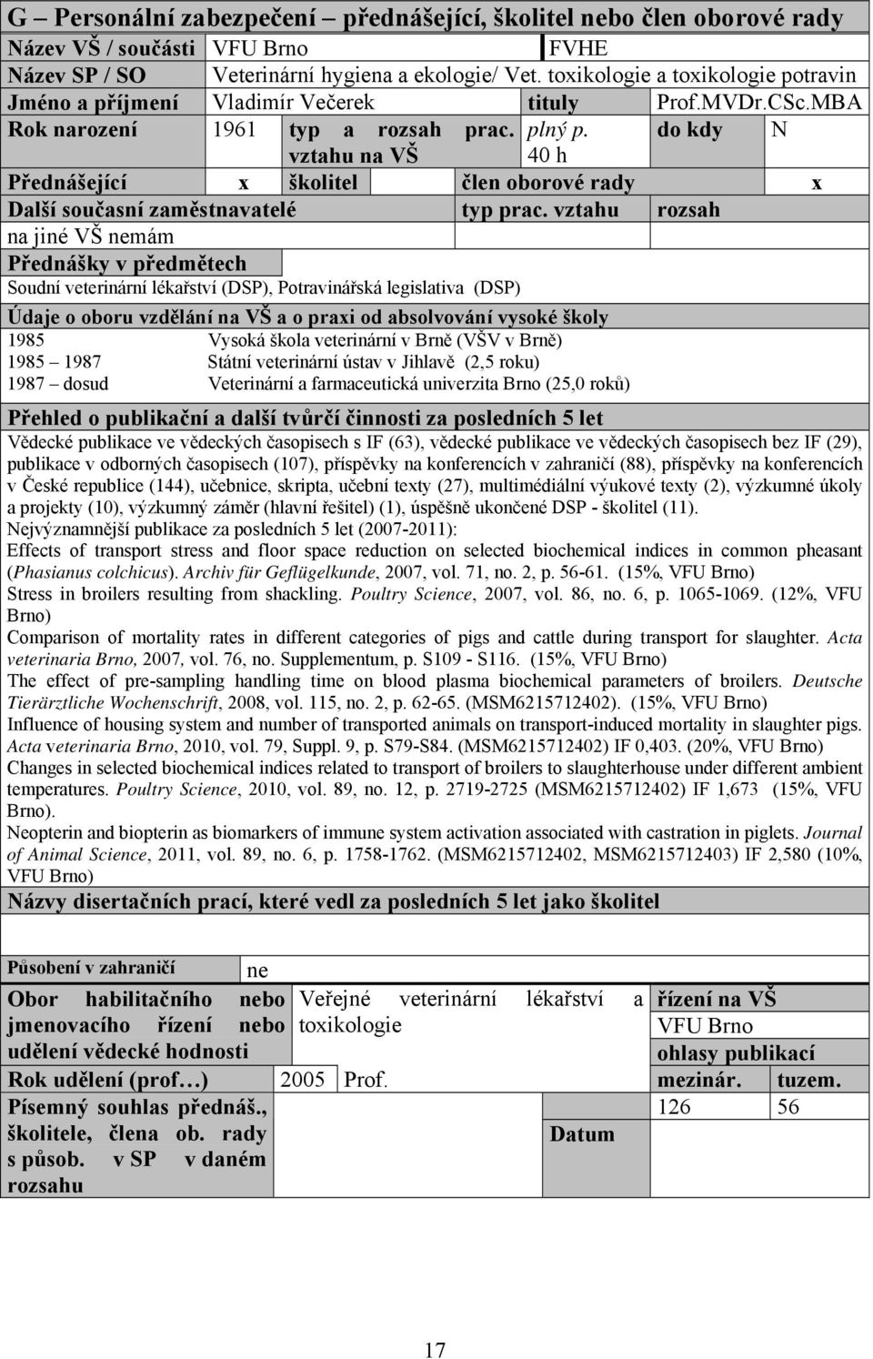 veterinární v Brně (VŠV v Brně) 1985 1987 Státní veterinární ústav v Jihlavě (2,5 roku) 1987 dosud univerzita Brno (25,0 roků) Přehled o publikační a další tvůrčí činnosti za posledních 5 let Vědecké