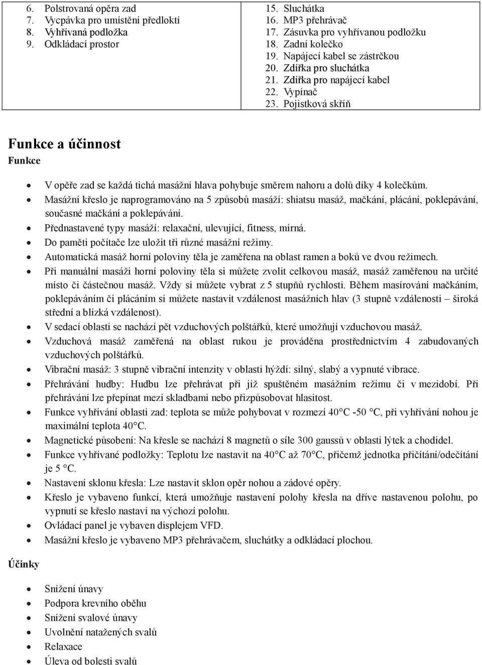 Pojistková skříň Funkce a účinnost Funkce Účinky V opěře zad se každá tichá masážní hlava pohybuje směrem nahoru a dolů díky 4 kolečkům.