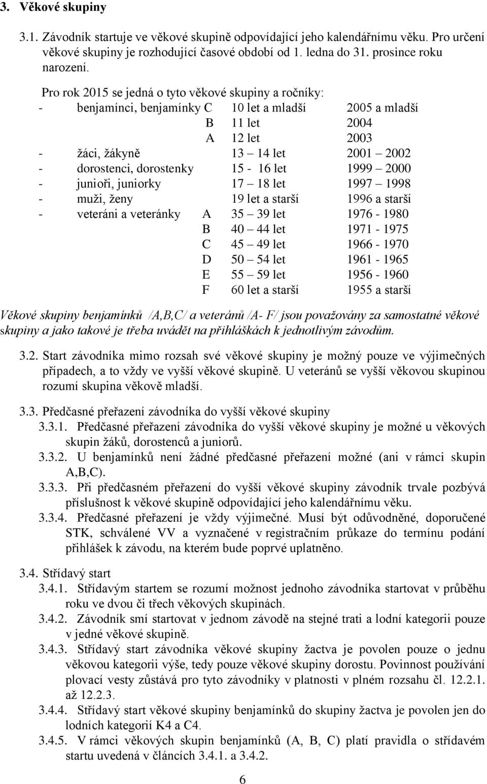 15-16 let 1999 2000 - junioři, juniorky 17 18 let 1997 1998 - muži, ženy 19 let a starší 1996 a starší - veteráni a veteránky A 35 39 let 1976-1980 B 40 44 let 1971-1975 C 45 49 let 1966-1970 D 50 54