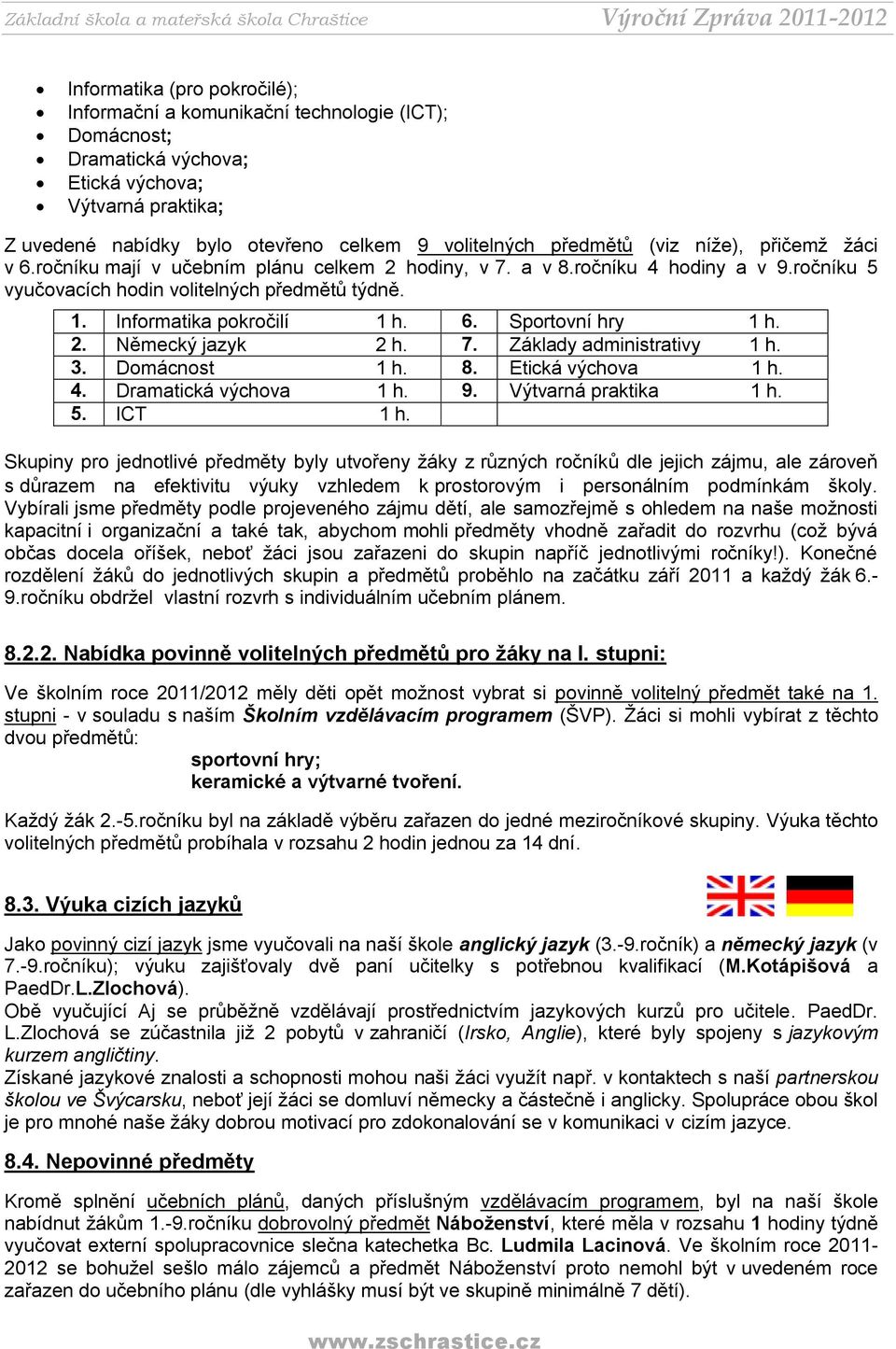 Informatika pokročilí 1 h. 6. Sportovní hry 1 h. 2. Německý jazyk 2 h. 7. Základy administrativy 1 h. 3. Domácnost 1 h. 8. Etická výchova 1 h. 4. Dramatická výchova 1 h. 9. Výtvarná praktika 1 h. 5.